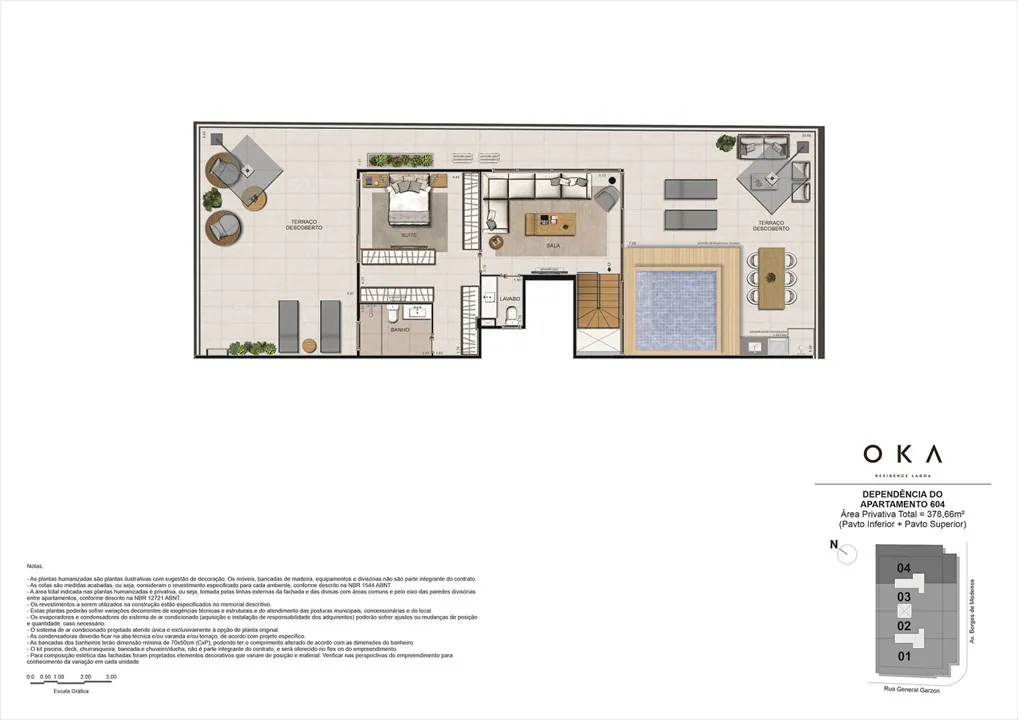 Plantas inteligentes no OKA Residence Lagoa: gardens, apartamentos tipo e coberturas duplex. De 184 a 439 m², com varandas amplas e vista para a Lagoa.