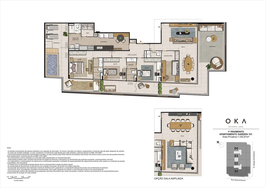 OKA Residence Lagoa: unidades de 3 e 4 suítes, sala integrada e varanda contornando o imóvel. Metragens a partir de 164 m² na Zona Sul.