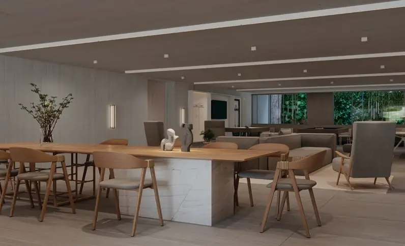 Área de piscina com bar e lounge no rooftop do IPA Studios Design, 1500m² de lazer completo