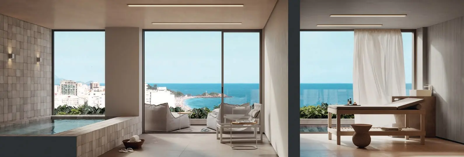 Terraço descoberto e solarium ao redor da piscina do IPA Studios Design, rooftop com vista mar