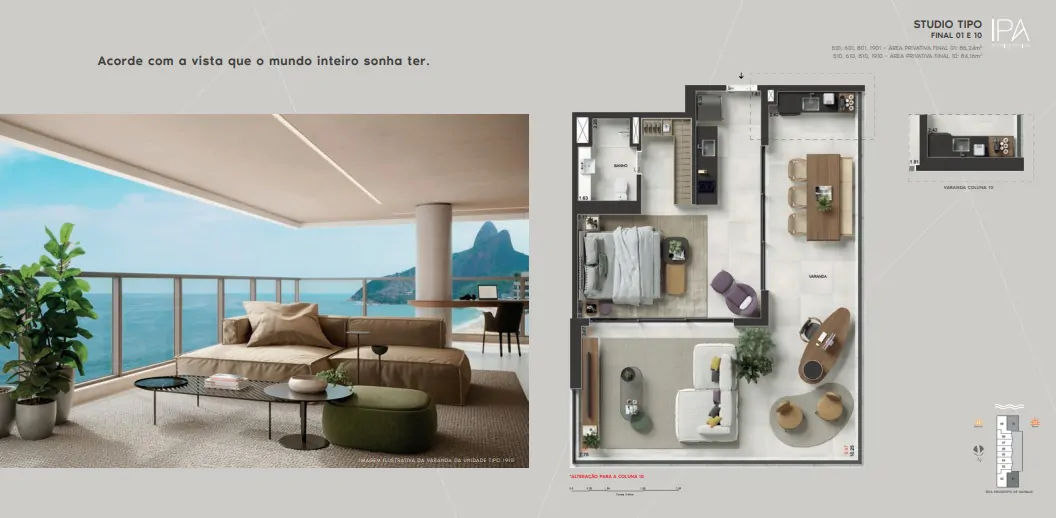 Barzinho e área de petiscos no IPA Studios Design, vista para praia de Ipanema