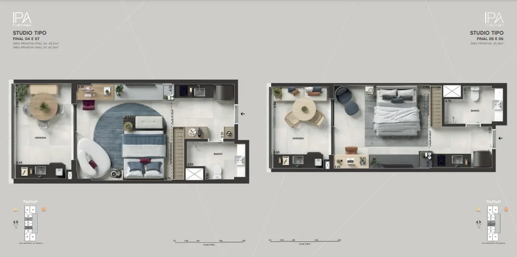 Studio 49m² com acabamento premium e smart lock no IPA Studios Design, pronto para morar