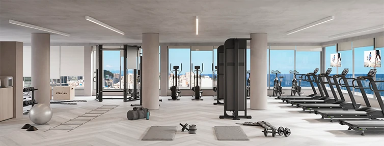 Espaço fitness com vista para Morro Dois Irmãos no IPA Studios Design, Ipanema RJ
