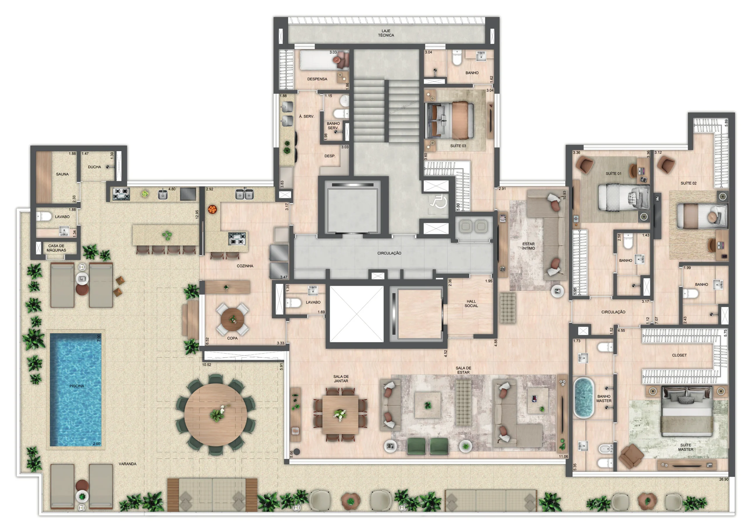 Atlântico Golf dormitório de apartamento decorado com decoração elegante e iluminação suave.
