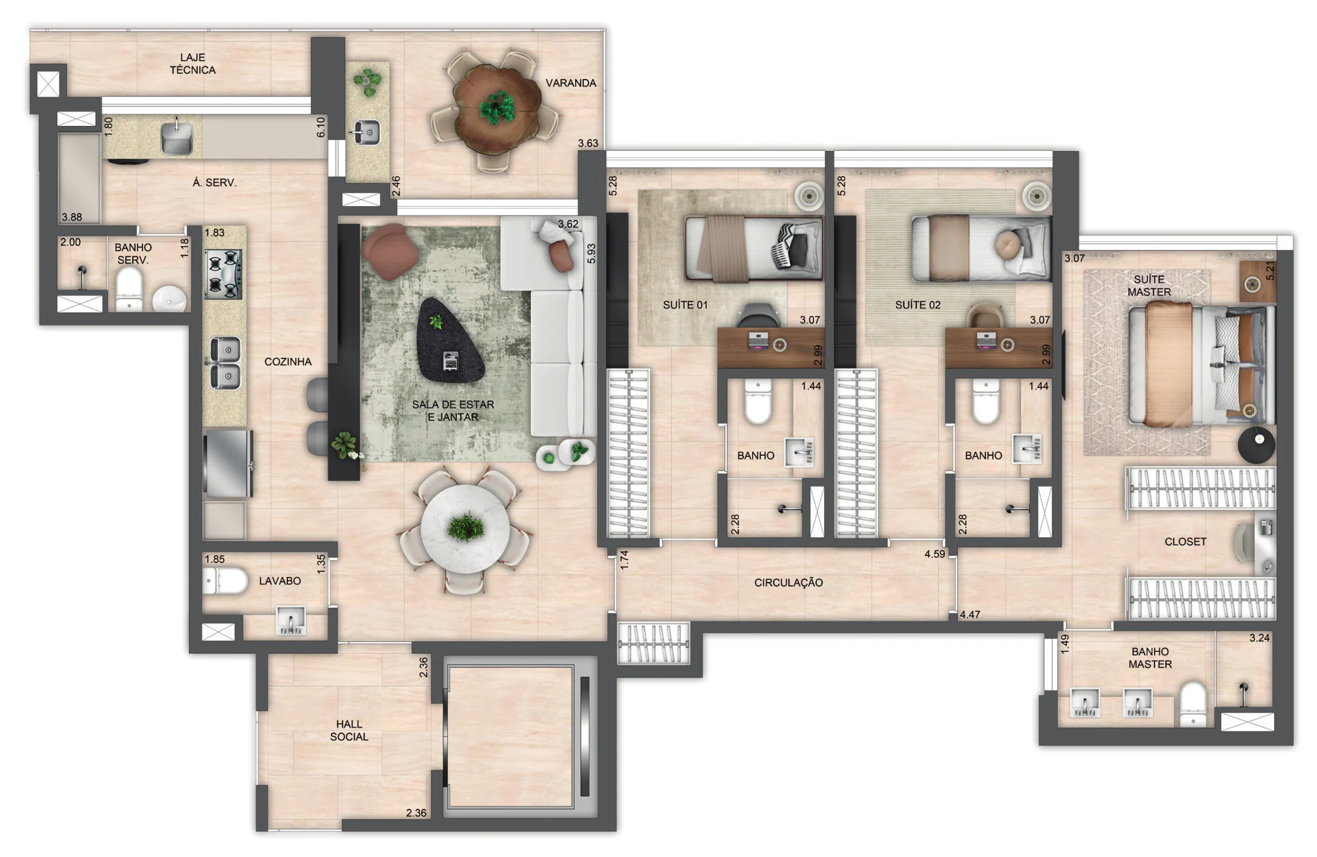 Atlântico Golf apartamento com ambientes integrados, varanda e projeto de interiores moderno.