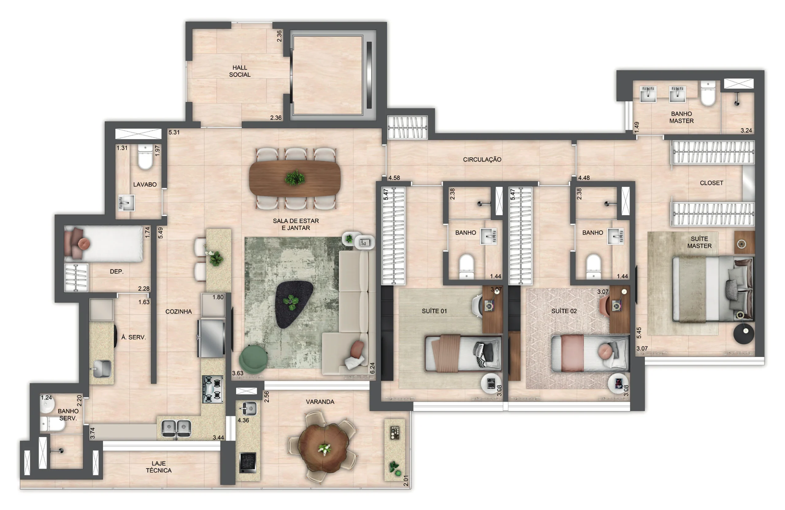 Atlântico Golf sala integrada à cozinha em apartamento decorado com conceito contemporâneo.