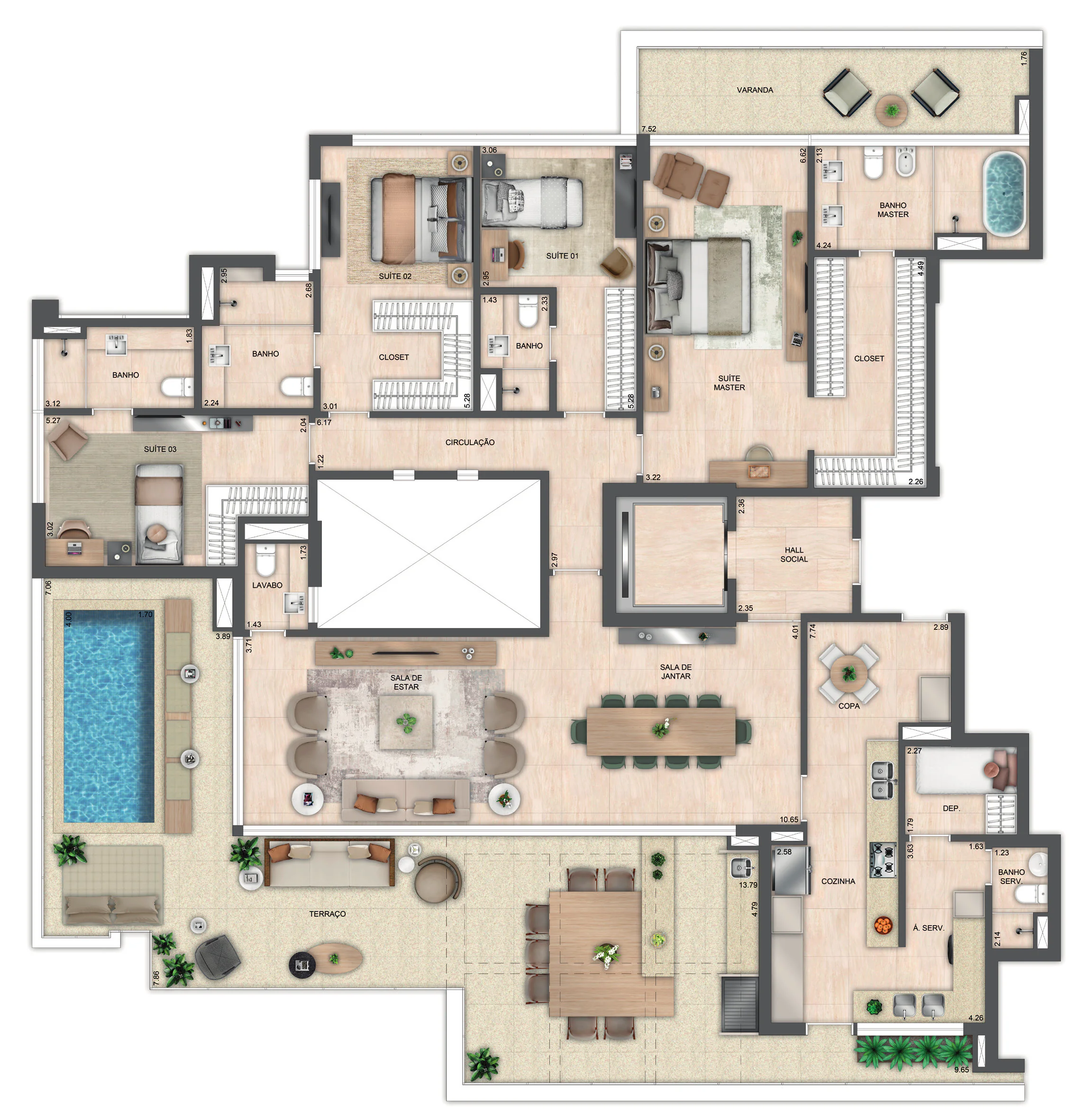 Atlântico Golf detalhes do acabamento interno do apartamento residencial moderno.