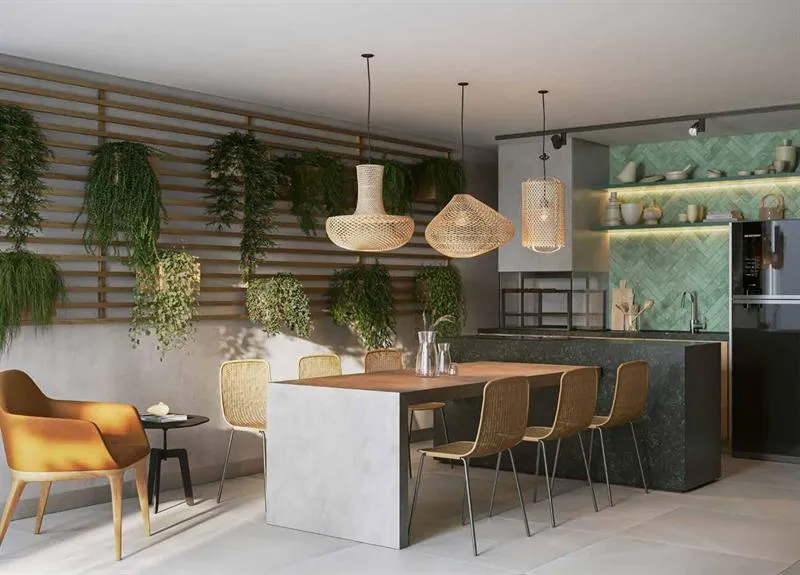 Desenho técnico da planta baixa humanizada de um apartamento de 58 m² com divisões para double suítes.
