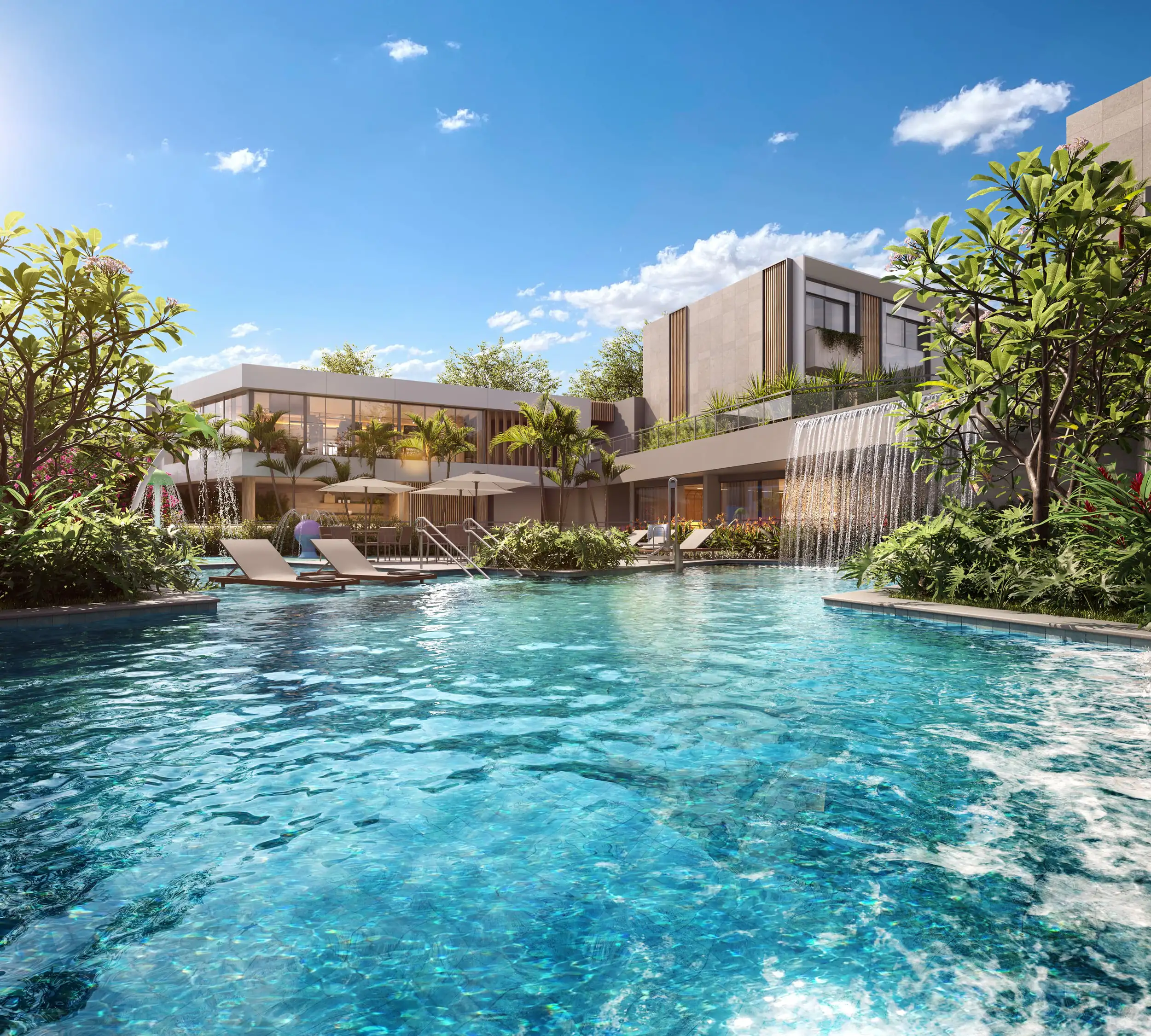 Aqua Village Residence Club fachada moderna no Catete, Rio de Janeiro, com design contemporâneo e áreas verdes.