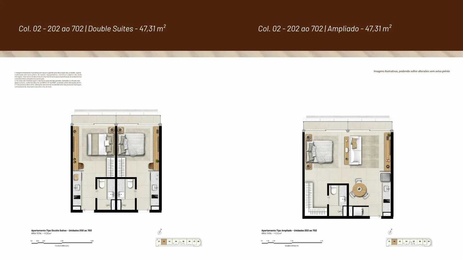 Stay Ludolf Leblon, planta de double suíte mostrando dois quartos, sala, cozinha e área de serviço.