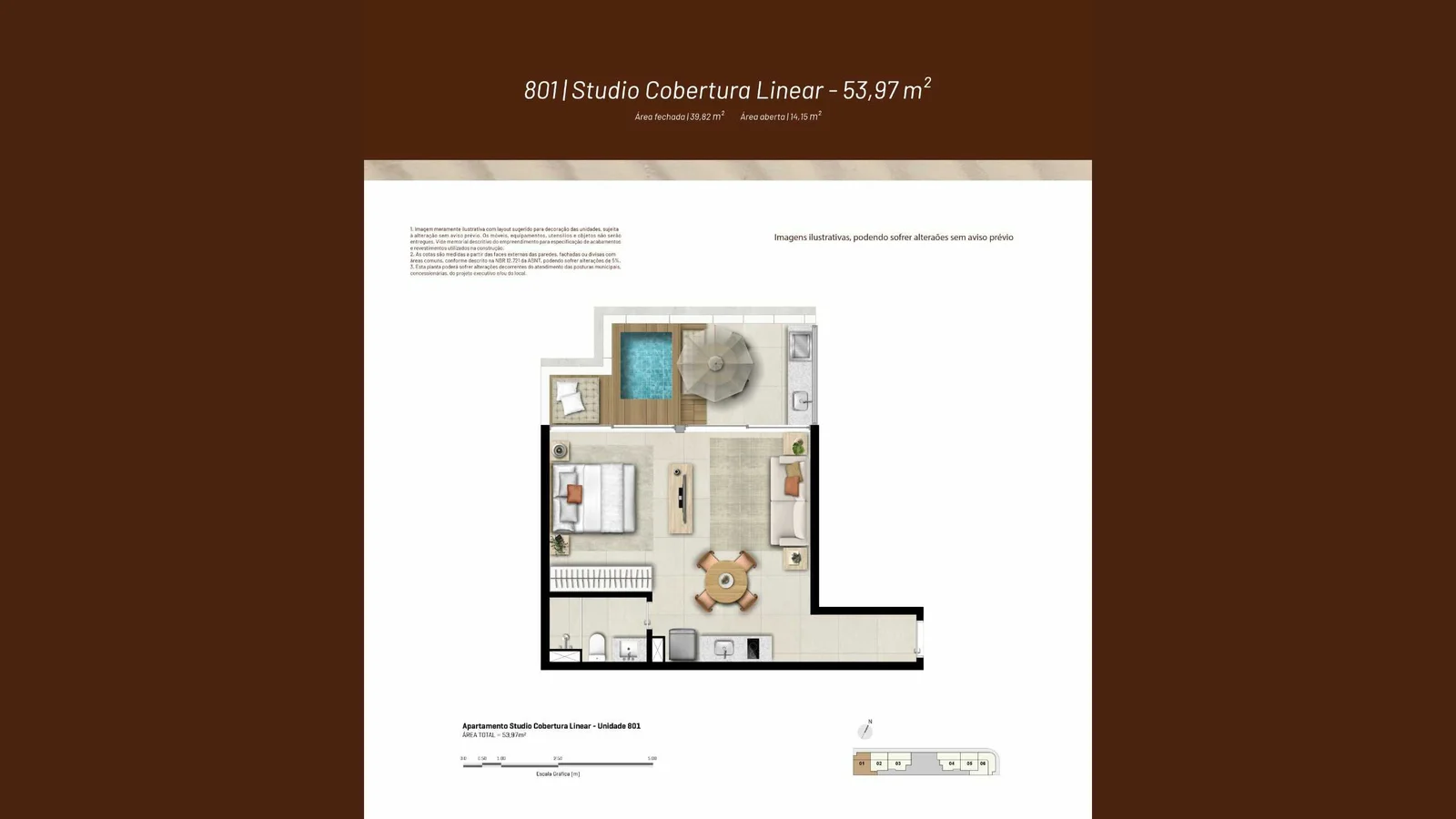 Stay Ludolf Leblon, planta humanizada de unidade decorada com mobiliário e dimensões aproximadas.