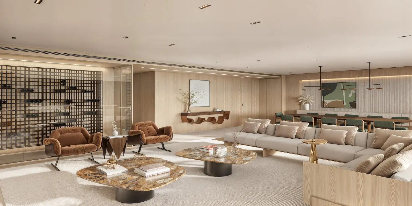 Lobby de entrada luxuoso com segurança 24h no edifício Mar Delfim Moreira.