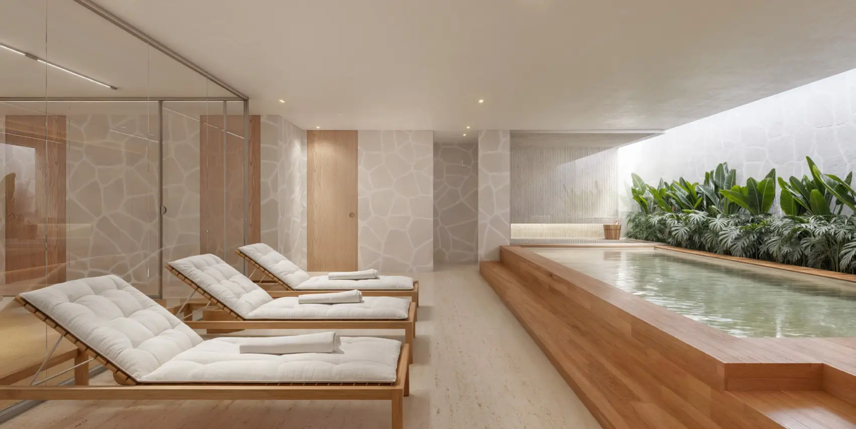 Sala de estar linear e espaçosa em apartamento decorado do Mar Delfim Moreira.