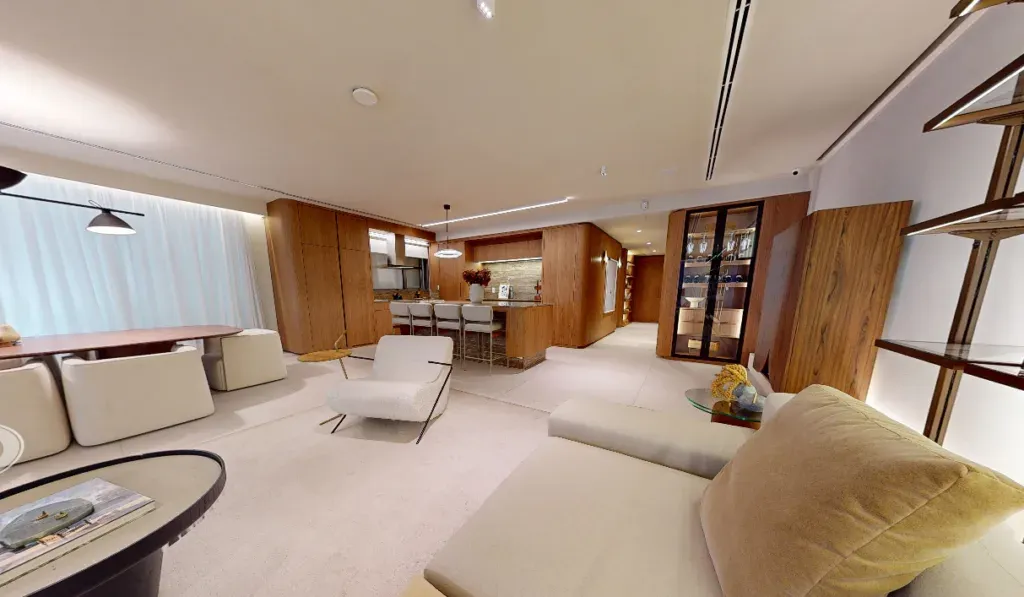 Sala de estar ampla com varanda no Ipanema Almar