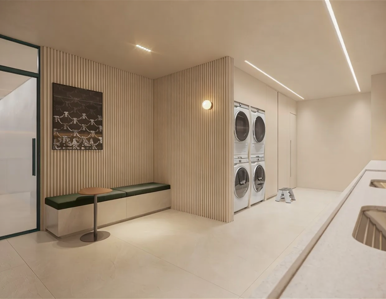 Planta decorada de apartamento studio integrado moderno no residencial ORA Studios Centro.
