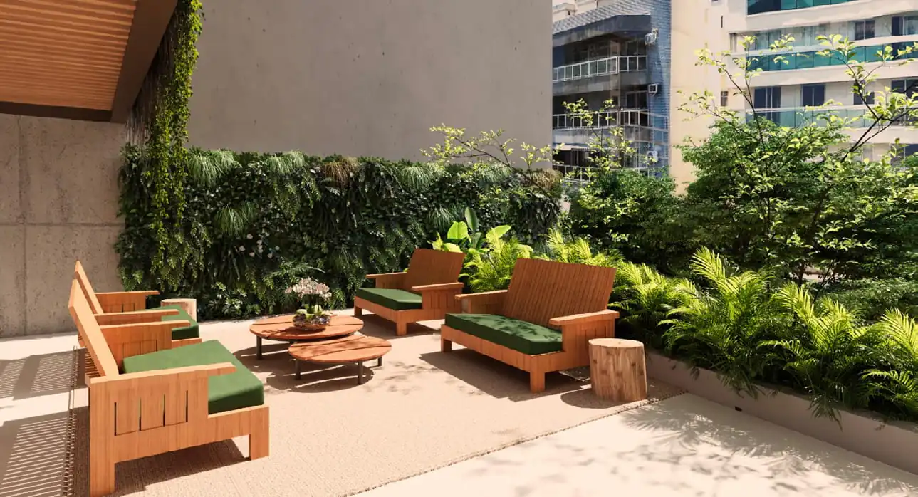 Planta de studio no Estação Botafogo, com sala integrada, cozinha americana e varanda.
