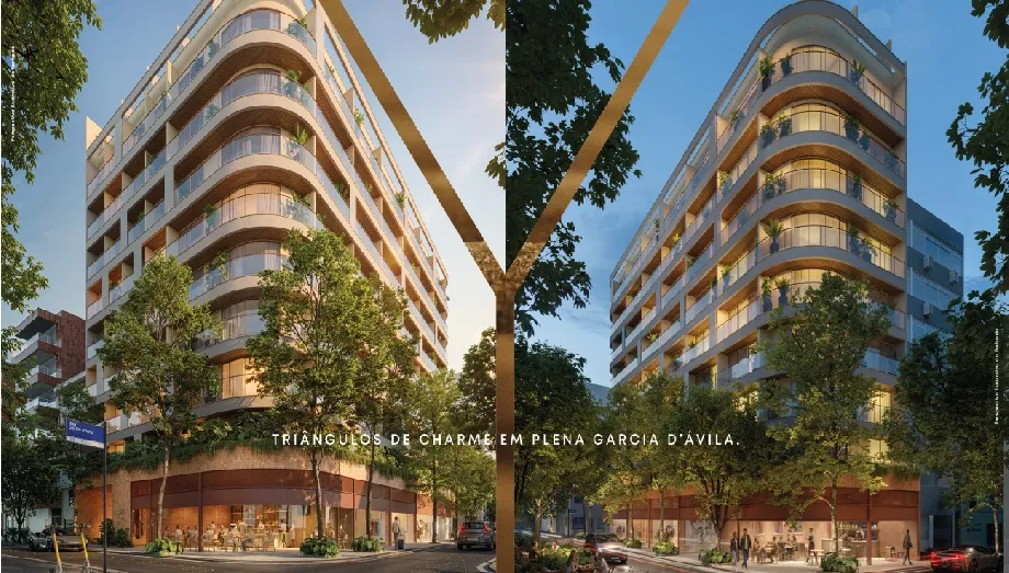 Fachada contemporânea do Garcya Praia Studios na esquina da Rua Garcia d'Ávila com a Rua Nascimento Silva, em Ipanema.