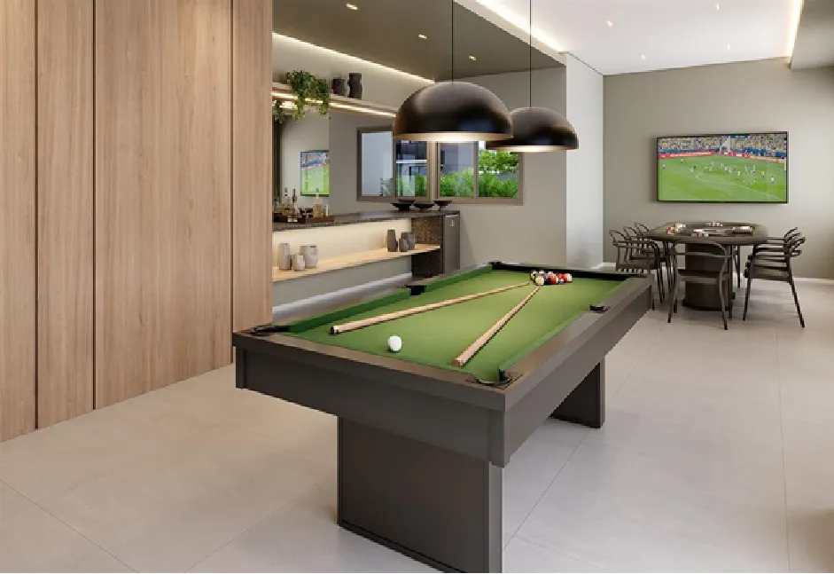 Apartamentos e Interiores Apartamento decorado do Breeze Inspire Residence com 2 quartos na Barra Olímpica RJ Sala integrada do Breeze Inspire Residence com iluminação natural e varanda Planta de apartamento do Breeze Inspire Residence com 3 quartos e suíte