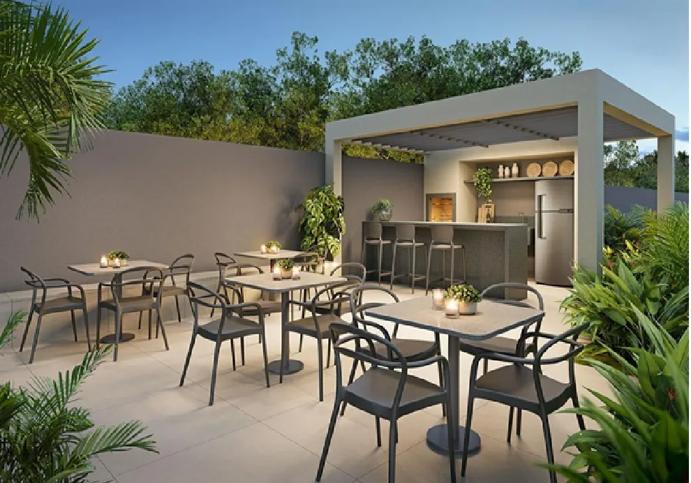 Apartamentos e Interiores Apartamento decorado do Breeze Inspire Residence com 2 quartos na Barra Olímpica RJ Sala integrada do Breeze Inspire Residence com iluminação natural e varanda Planta de apartamento do Breeze Inspire Residence com 3 quartos e suíte