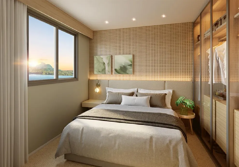 Apartamentos e Interiores Apartamento decorado do Breeze Inspire Residence com 2 quartos na Barra Olímpica RJ Sala integrada do Breeze Inspire Residence com iluminação natural e varanda Planta de apartamento do Breeze Inspire Residence com 3 quartos e suíte