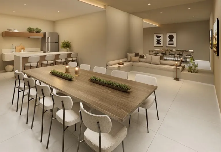 Apartamentos e Interiores Apartamento decorado do Breeze Inspire Residence com 2 quartos na Barra Olímpica RJ Sala integrada do Breeze Inspire Residence com iluminação natural e varanda Planta de apartamento do Breeze Inspire Residence com 3 quartos e suíte