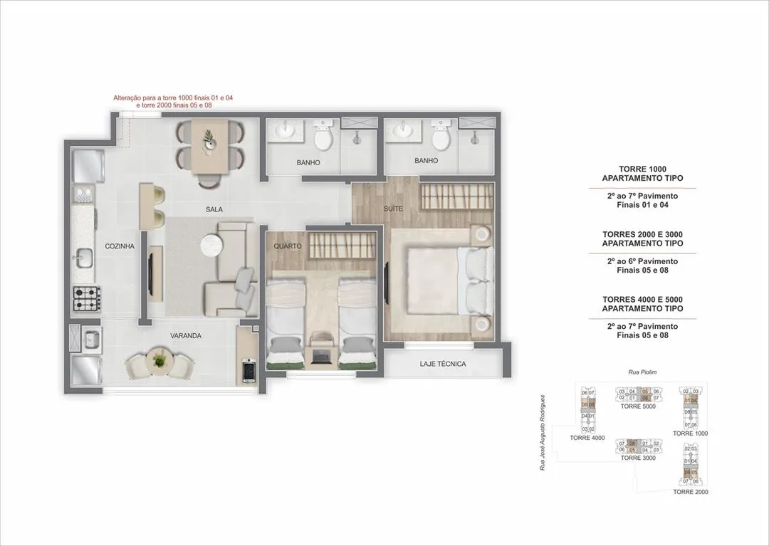 Apartamentos e Interiores Apartamento decorado do Breeze Inspire Residence com 2 quartos na Barra Olímpica RJ Sala integrada do Breeze Inspire Residence com iluminação natural e varanda Planta de apartamento do Breeze Inspire Residence com 3 quartos e suíte
