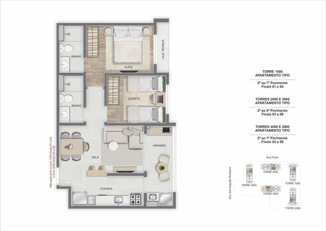 Apartamentos e Interiores Apartamento decorado do Breeze Inspire Residence com 2 quartos na Barra Olímpica RJ Sala integrada do Breeze Inspire Residence com iluminação natural e varanda Planta de apartamento do Breeze Inspire Residence com 3 quartos e suíte