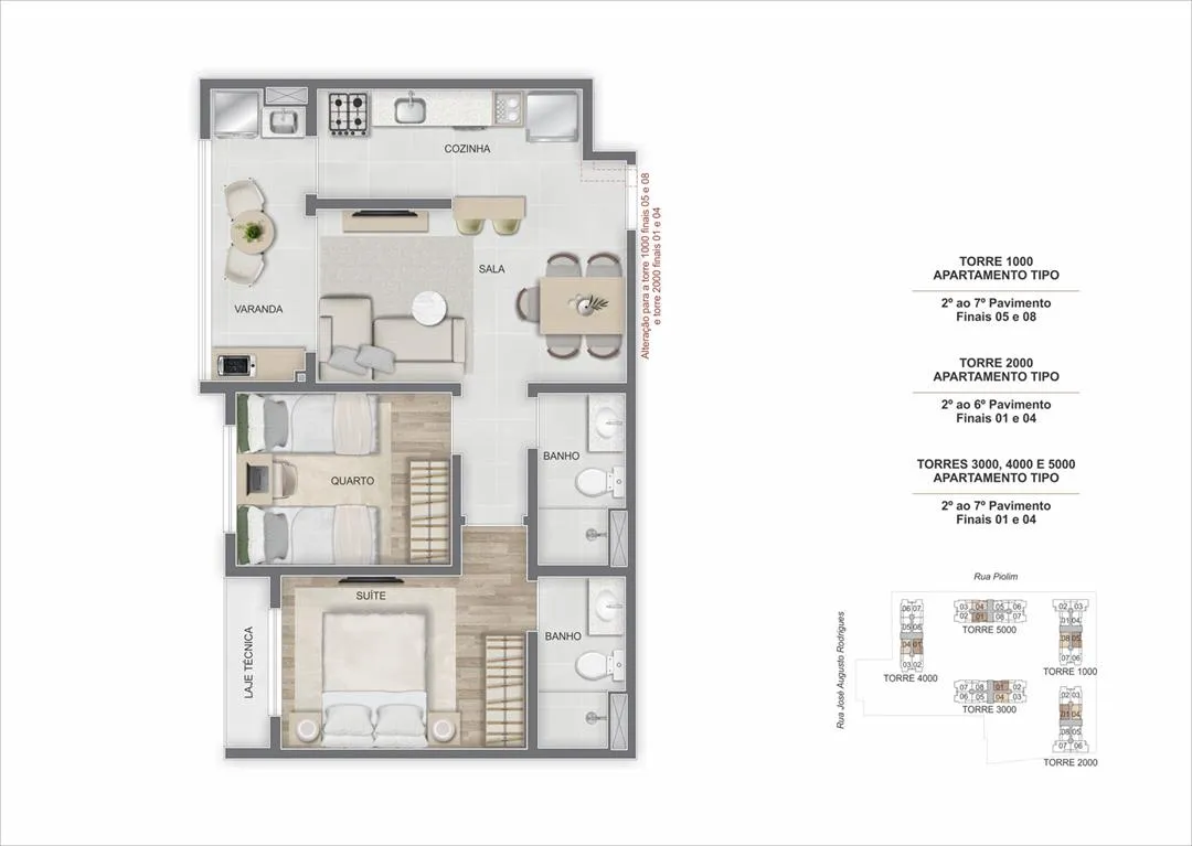 Apartamentos e Interiores Apartamento decorado do Breeze Inspire Residence com 2 quartos na Barra Olímpica RJ Sala integrada do Breeze Inspire Residence com iluminação natural e varanda Planta de apartamento do Breeze Inspire Residence com 3 quartos e suíte