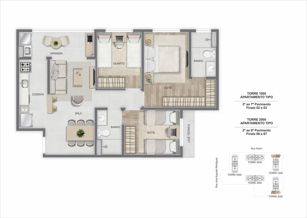 Apartamentos e Interiores Apartamento decorado do Breeze Inspire Residence com 2 quartos na Barra Olímpica RJ Sala integrada do Breeze Inspire Residence com iluminação natural e varanda Planta de apartamento do Breeze Inspire Residence com 3 quartos e suíte