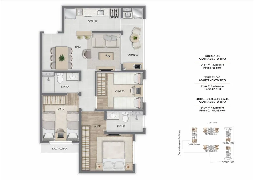 Apartamentos e Interiores Apartamento decorado do Breeze Inspire Residence com 2 quartos na Barra Olímpica RJ Sala integrada do Breeze Inspire Residence com iluminação natural e varanda Planta de apartamento do Breeze Inspire Residence com 3 quartos e suíte