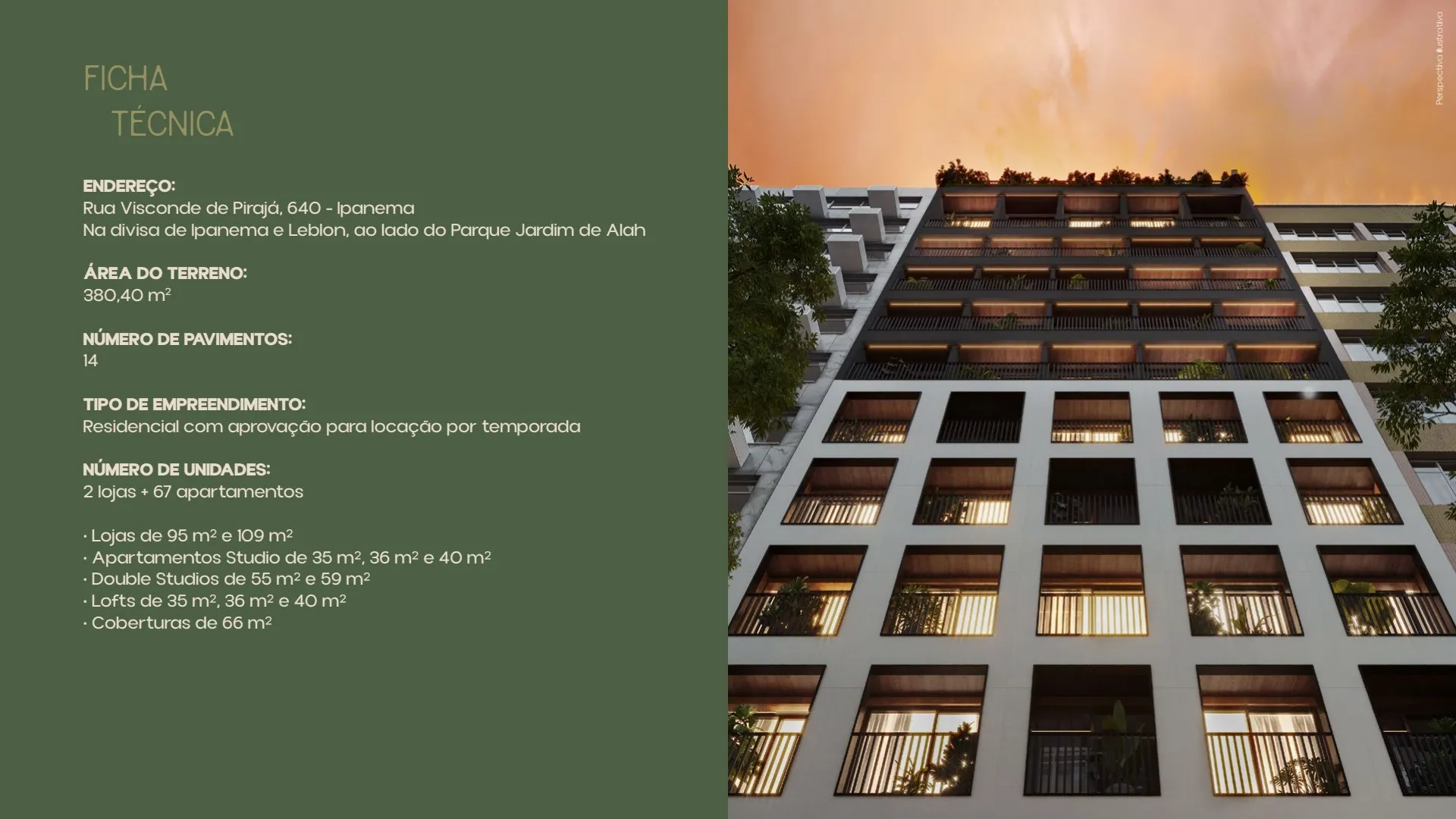 Parque Studios Ipanema: fachada moderna com esquadrias em alumínio e detalhes em madeira na Rua Visconde de Pirajá.