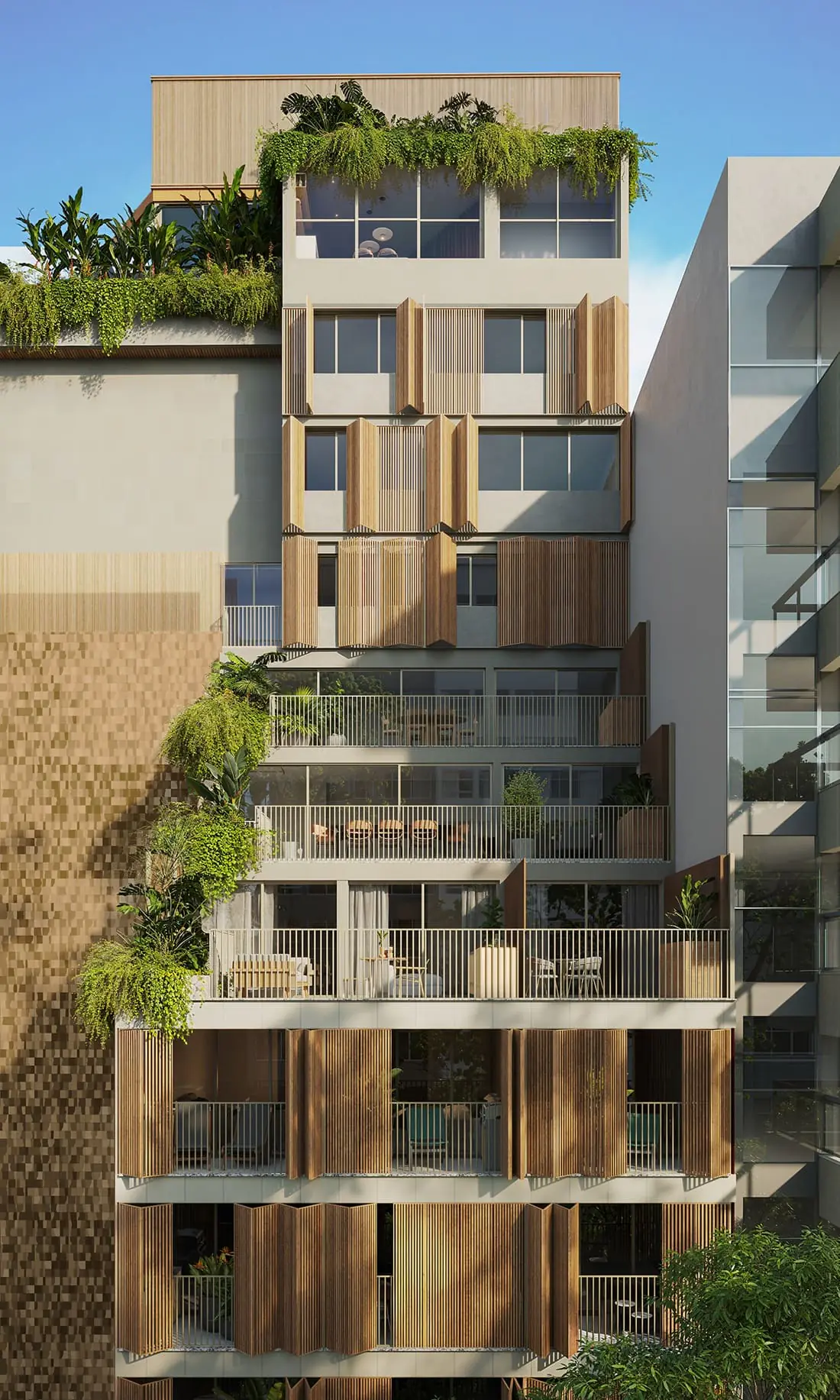 ARTI LEBLON distribuição interna de studio com área social integrada e vista para o bairro.